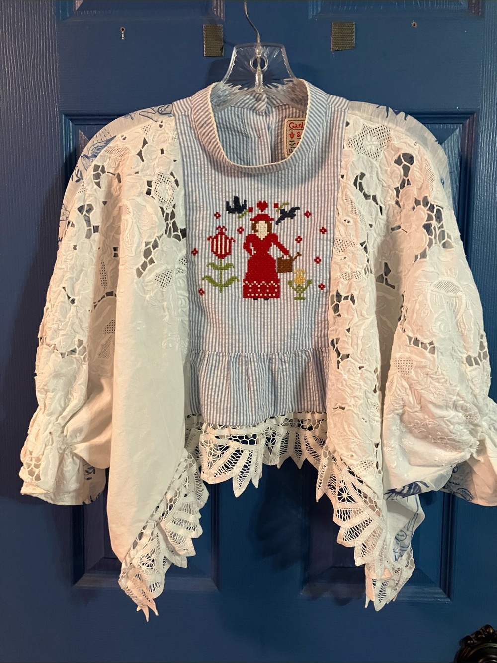 Boho White Lace Overlay Blouse with Blue Striped Embroidered Front